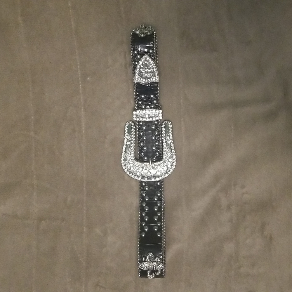 Black patent leather rhinestone belt